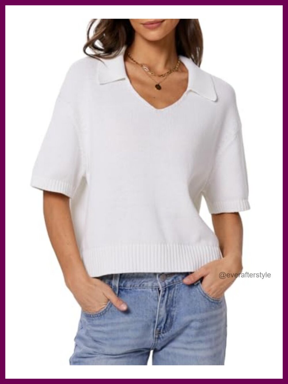 Women's Knit Polo V-Neck Pullover Short Sleeve Cotton Lightweight Cropped